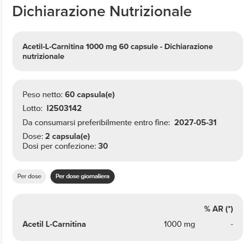 ACETIL L - CARNITINA 1000 MG - 120 CPS - PROZIS